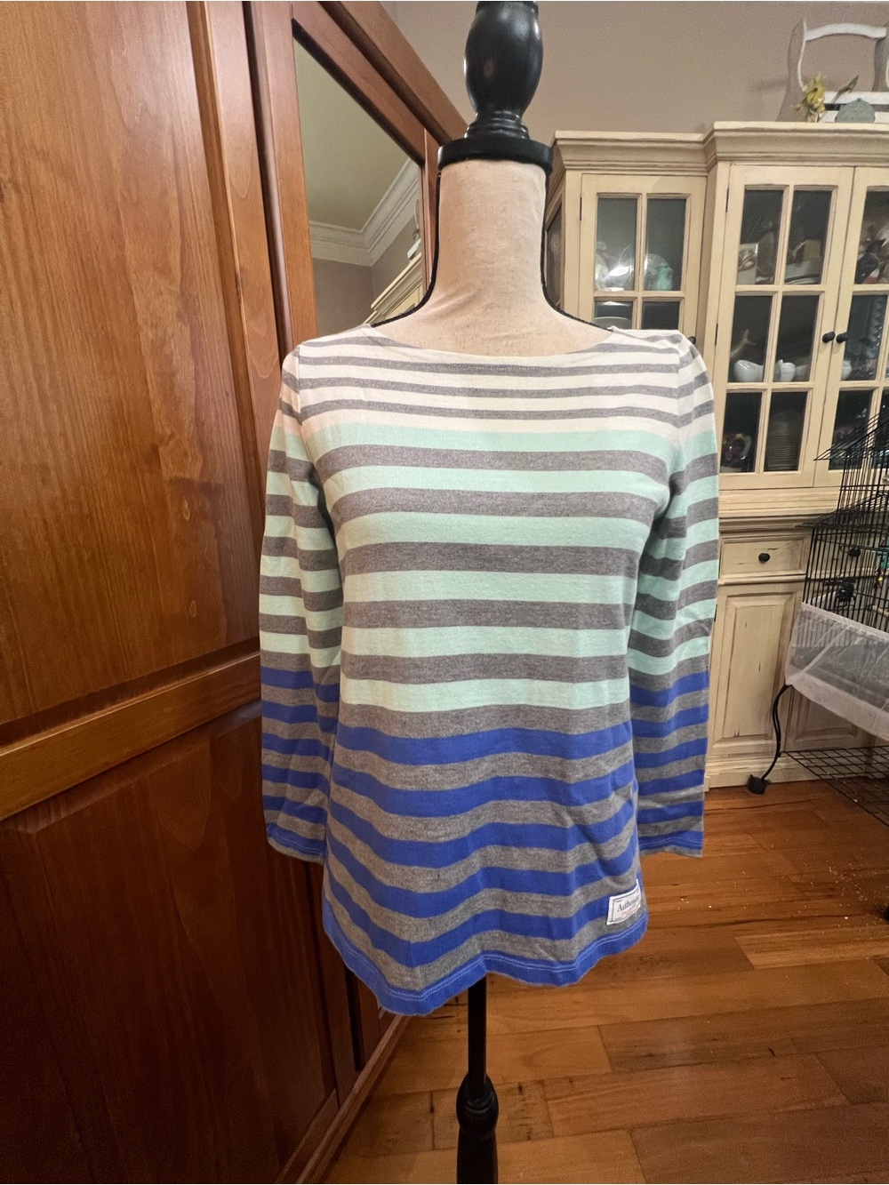 Talbots Striped Boatneck Sweater in Mint, Gray and Royal Blue